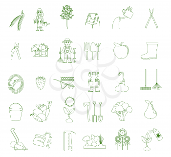 Gardening work, farming icon set. Outline linear style design. Vector illustration