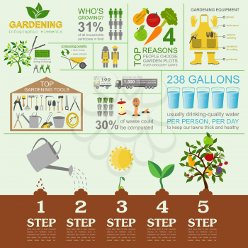 Garden work infographic elements. Working tools set. Vector illustration