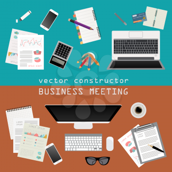 Business meeting. Working place in flat design. Constructor of your own work space. Vector illustration