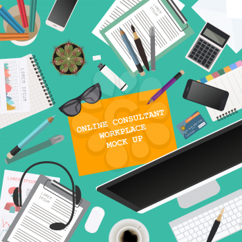 Workspace of the online consultant. Mock up for creating your own modern creative office desktop workshop style. Flat design vector mock up. Vector illustration