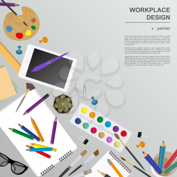 Workspace of the painter, artist. Mock up for creating your own modern creative office desktop workshop style. Flat design vector mock up. Vector illustration