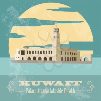 Kuwait. Retro styled image. Palace Arantar lakeside Farakh. Vector illustration