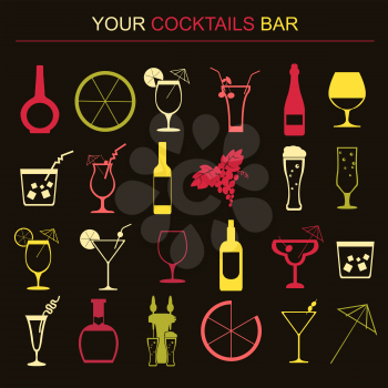 Alcohol drinks icons. 16 flat icons set. Vector illustration