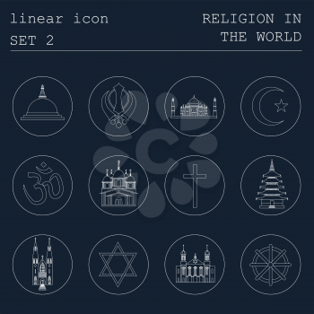 Outline icon set Religion in the world. Flat linear design. Vector illustration