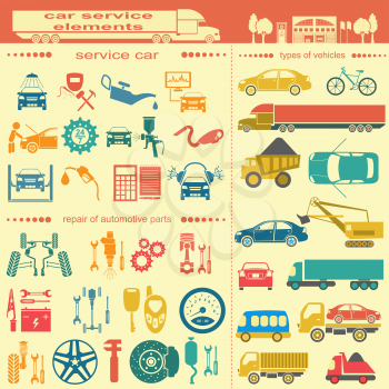 Set of auto repair service elements for creating your own infographics or maps of the car service station. Vector illustration