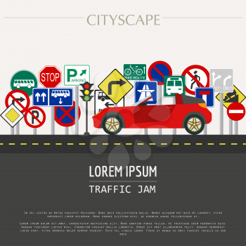 Cityscape graphic template. Modern city. Vector illustration. Traffic jam, transport, cars, road signs. City constructor. Template with place for text. Colour version