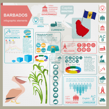 Barbados infographics, statistical data, sights. Pelican, sugarcane, national symbol. Vector illustration