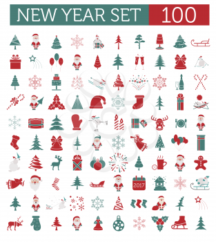 Christmas, New Year holidays icon big set. Red and green colours. Flat style collection. Vector illustration