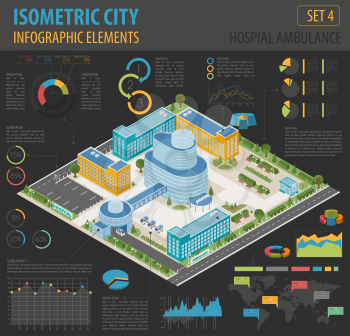Flat 3d isometric iclinic complex and city map constructor elements such as building, hospital, ambulance, pharmacy,  garden isolated on white. Build your own infographic collection. Vector illustrati