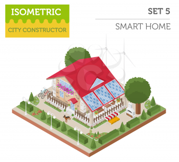 Flat 3d isometric smart home and city map constructor elements such as building, ,  garden, renewable energy isolated on white. Build your own infographic collection. Vector illustration