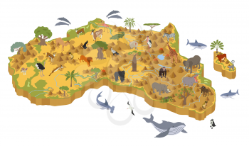 Flat 3d isometric Africa flora and fauna map constructor elements. Animals, birds and sea life isolated on white big set. Build your own geography infographics collection. Vector illustration