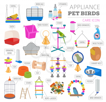 Pet appliance icon set flat style isolated on white. Birds care collection. Create own infographic about parrot, parakeet, canary, thrush, finch, jay bird, starling, amadina, siskin,  toucan, bunting.