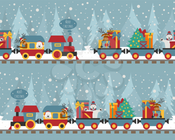 Christmas train with bear, reindeer, gifts. Seamless pattern for children. Vector illustration