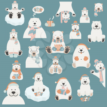 Cute polar bear sticker set. Elements for christmas holiday greeting card, poster design. Vector illustration