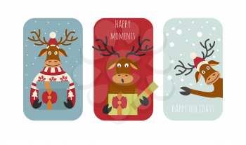 Cute reindeer sticker icon set. Elements for christmas holiday greeting card, poster design. Vector illustration