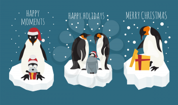 Imperial penguin on the ice floe sticker icon set. Elements for christmas holiday greeting card, poster design. Vector illustration