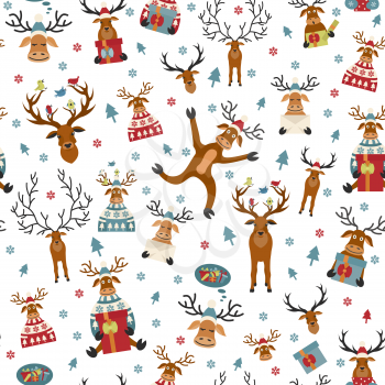 Cute reindeer flat seamless pattern. Elements for christmas holiday greeting card, poster design. Vector illustration