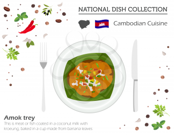 Cambodian Cuisine. Asian national dish collection. Amok trey isolated on white, infograpic. Vector illustration