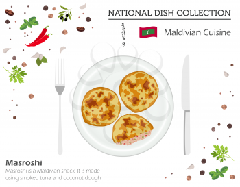 Maldivian Cuisine. Asian national dish collection. Masroshi isolated on white, infograpic. Vector illustration