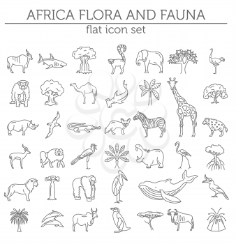 Flat African flora and fauna  elements. Animals, birds and sea life simple line icon set. Vector illustration