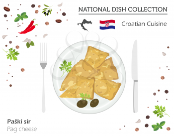 Croatian Cuisine. European national dish collection. Pag cheese isolated on white, infographic. Vector illustration