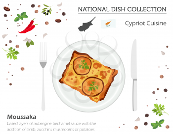 Cyprus Cuisine. European national dish collection. Moussaka isolated on white, infographic. Vector illustration