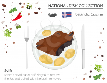 Icelandic Cuisine. European national dish collection. Sheep`s head cut in half isolated on white, infographic. Vector illustration