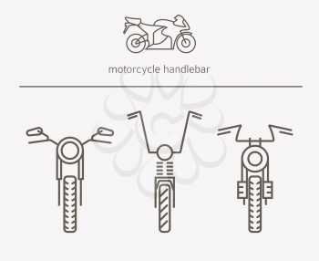 Equipment for transport driving logo set. Motorcycle handlebar, steering wheels thin line icons. Vector illustration