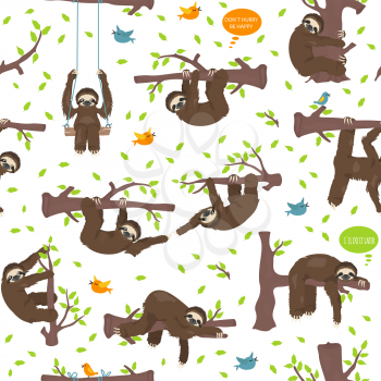 Funny cartoon sloths hanging from the trees. Seamless pattern. Vector illustration