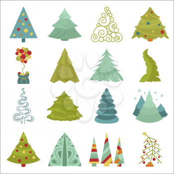 Christmas tree icon set. Flat isolated design. New year winter collection. Vector illustration