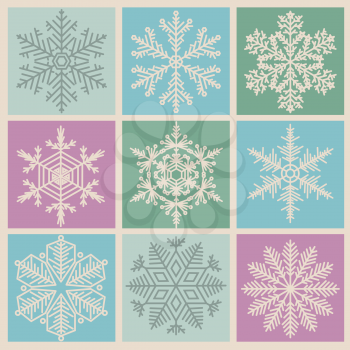 Snowflake icon set. Vintage outline version. Christmas collection. Vector illustration