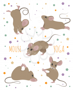 Mouse yoga poses and exercises. Cute cartoon clipart set. Vector illustration