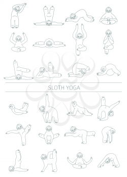 Sloth yoga collection. Funny cartoon animals in different postures set. Thin line design. Vector illustration