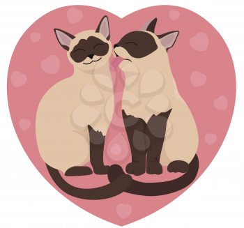 Two siamese cats, pink heart. Valentine`s day design. Vector illustration