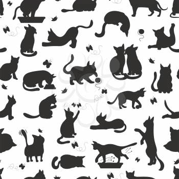 Cartoon cat characters seamless pattern. Different cat`s poses, yoga and emotions set. Flat simple style design. Vector illustration