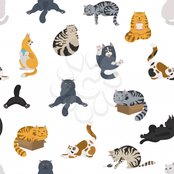 Cartoon cat characters seamless pattern. Different cat`s poses, yoga and emotions set. Flat color simple style design. Vector illustration