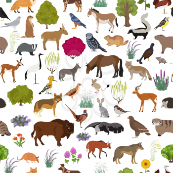 Temperate and dry steppe biome, natural region seamless pattern. Prarie, steppe, grassland, pampas. Terrestrial ecosystem world map. Animals, birds and vegetations ecosystem design set. Vector illustration