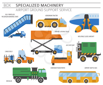 Special machinery collection. Airport ground support service coloured vector icon set isolated on white. Illustration