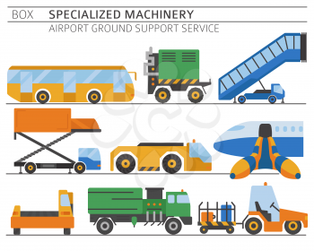 Special machinery collection. Airport ground support service coloured vector icon set isolated on white. Illustration