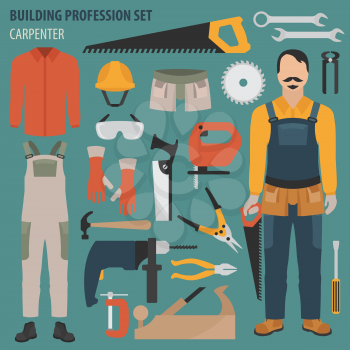 Profession and occupation set. Carpenter tools and  equipment. Uniform flat design icon. Vector illustration 