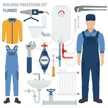 Profession and occupation set. Plumber tools and equipment. Uniform flat design icon. Vector illustration 