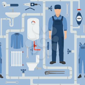 Profession and occupation seamless pattern. Plumber tools and equipment. Uniform flat design. Vector illustration 