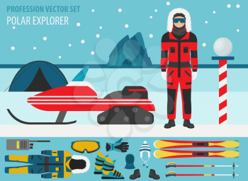 Profession and occupation set. Polar explorer, antarctic expedition equipment, flat design icon. Welder worker. Vector illustration 