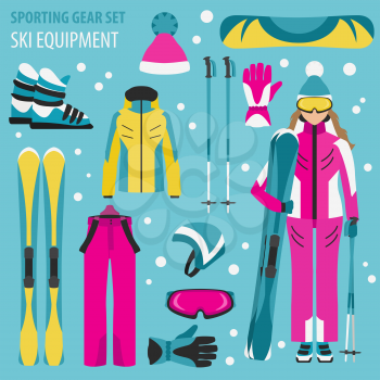Sporting gear set. Ski equipment and skier woman flat design icon.Vector illustration 