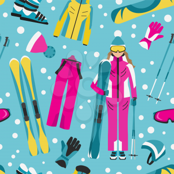 Sporting gear set. Ski equipment and skier woman seamless pattern. Vector illustration 