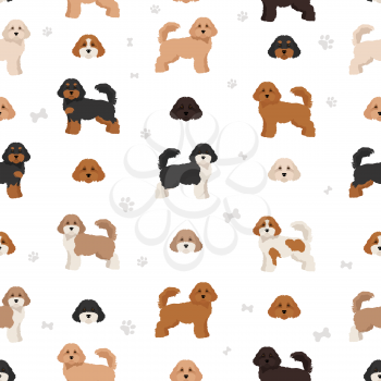 Cavapoo mix breed seamless pattern. Different poses, coat colors set.  Vector illustration