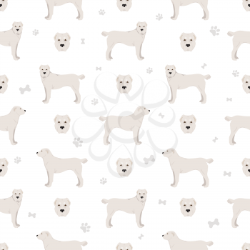 Central asian shepherd seamless pattern. Different poses, coat colors set.  Vector illustration
