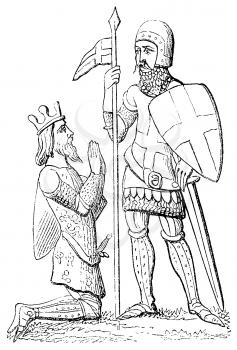 Royalty Free Clipart Image of a King Begging on his Knees to a Knight 
