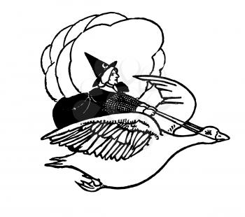 Royalty Free Clipart Image of a Witch Riding a Goose