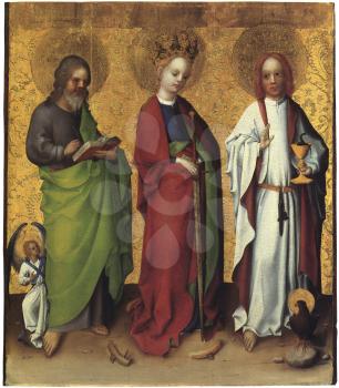 Royalty Free Clipart Image of Saints Matthew, Catherine of Alexandria and John the Evangelist by Stephan Lochner